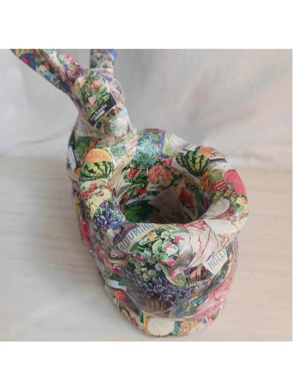 Vintage Paper Mache Rabbit Deco Page Basket Holder Bowl Unusual Farmhouse Color